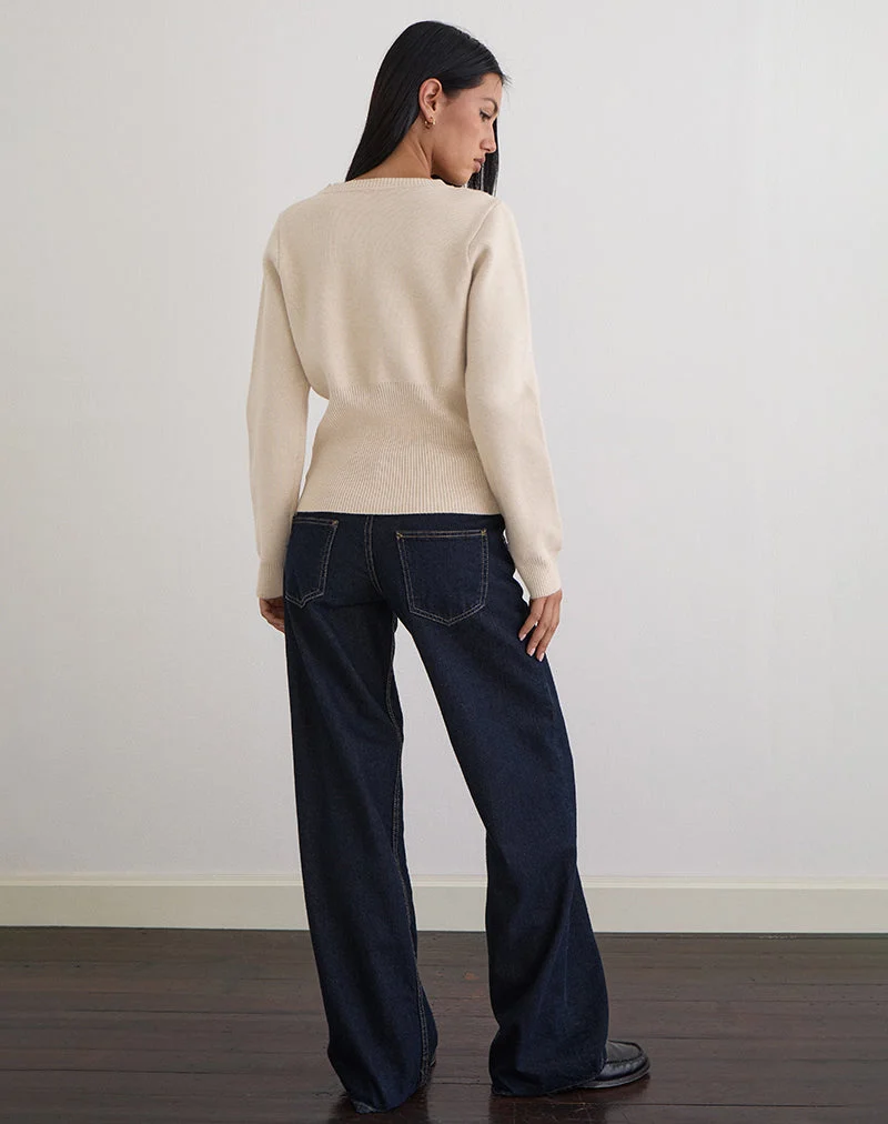 Subra Langärmelige Strickjacke mit geripptem Saum in Elfenbein