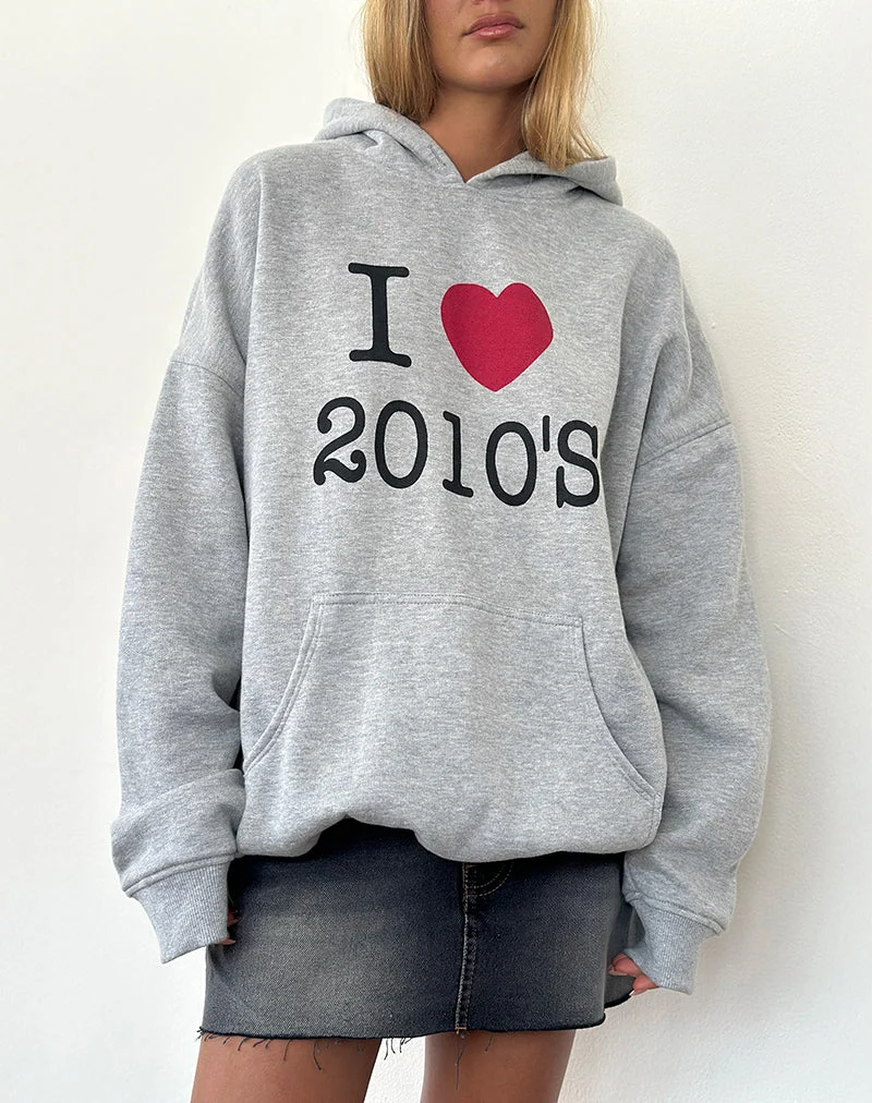 Übergroßer Kapuzenpullover in Grau meliert mit I Love 2010's Print
