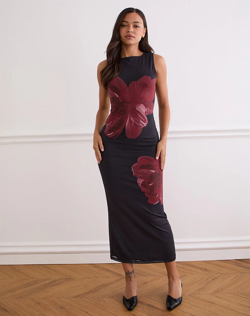 Fayola Maxikleid in Schwarz mit burgunderfarbener Aquarellblume