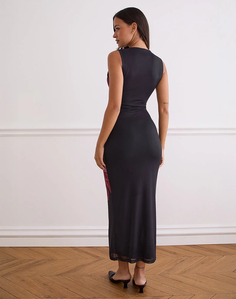Fayola Maxikleid in Schwarz mit burgunderfarbener Aquarellblume