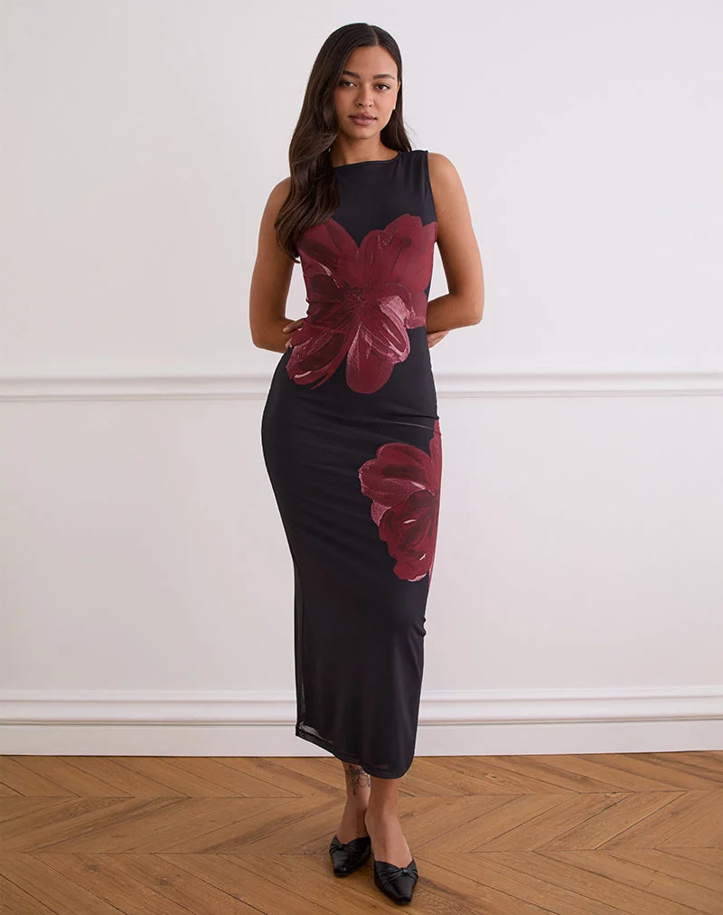 Fayola Maxikleid in Schwarz mit burgunderfarbener Aquarellblume