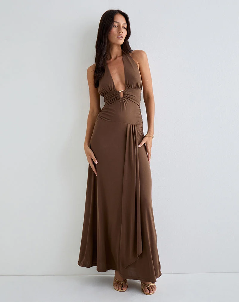 Ryoko Maxikleid aus Cupro Dunkelbraun