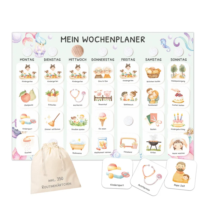 Wochenplaner Kinder inkl. 350 Routinekärtchen - Motiv Meerjungfrau