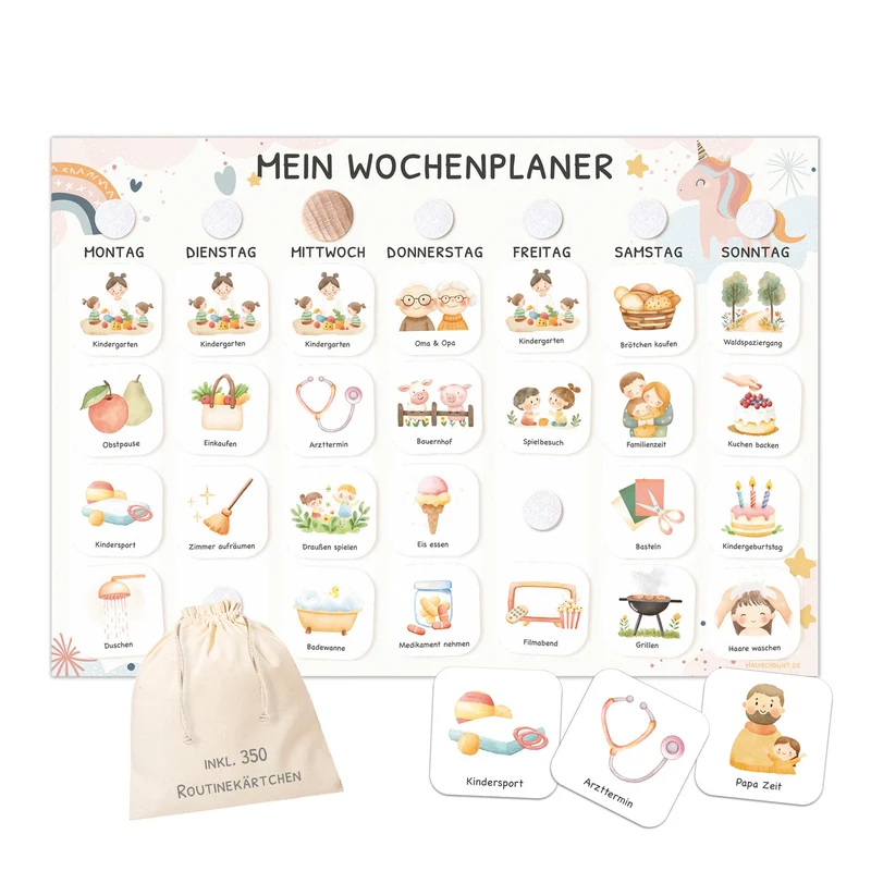 Wochenplaner Kinder inkl. 350 Routinekärtchen - Einhorn