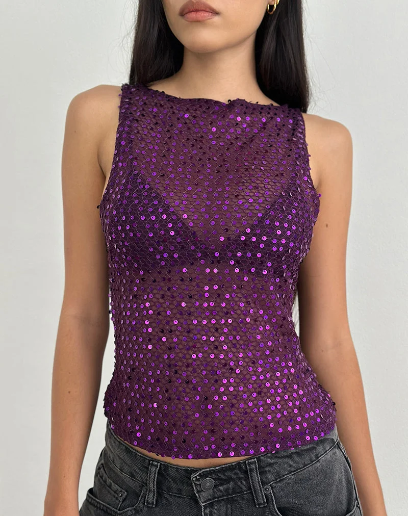 Dudley Vest Top aus Paillettenstrick Pflaume Wein