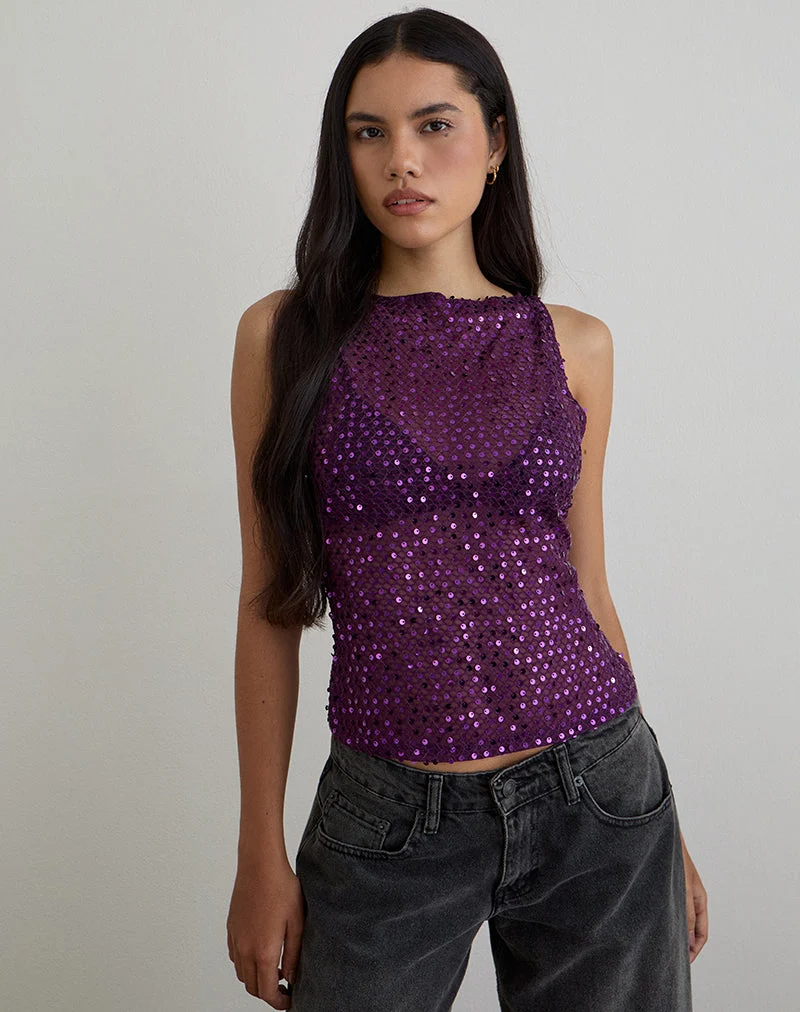 Dudley Vest Top aus Paillettenstrick Pflaume Wein
