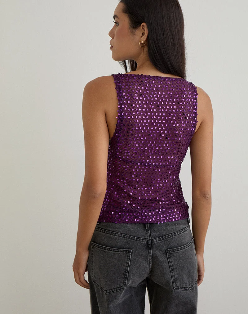 Dudley Vest Top aus Paillettenstrick Pflaume Wein