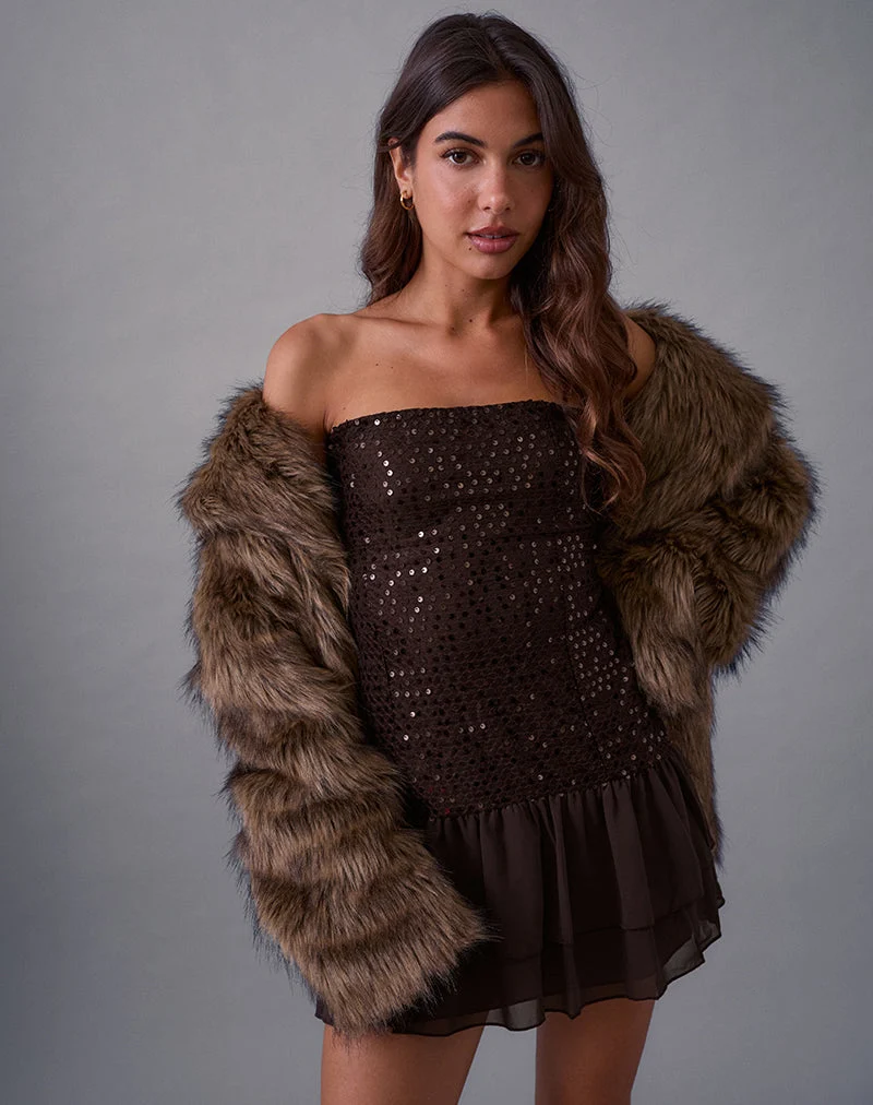 Tinosa Korsettkleid mit Rüschen und Pailletten in Braun