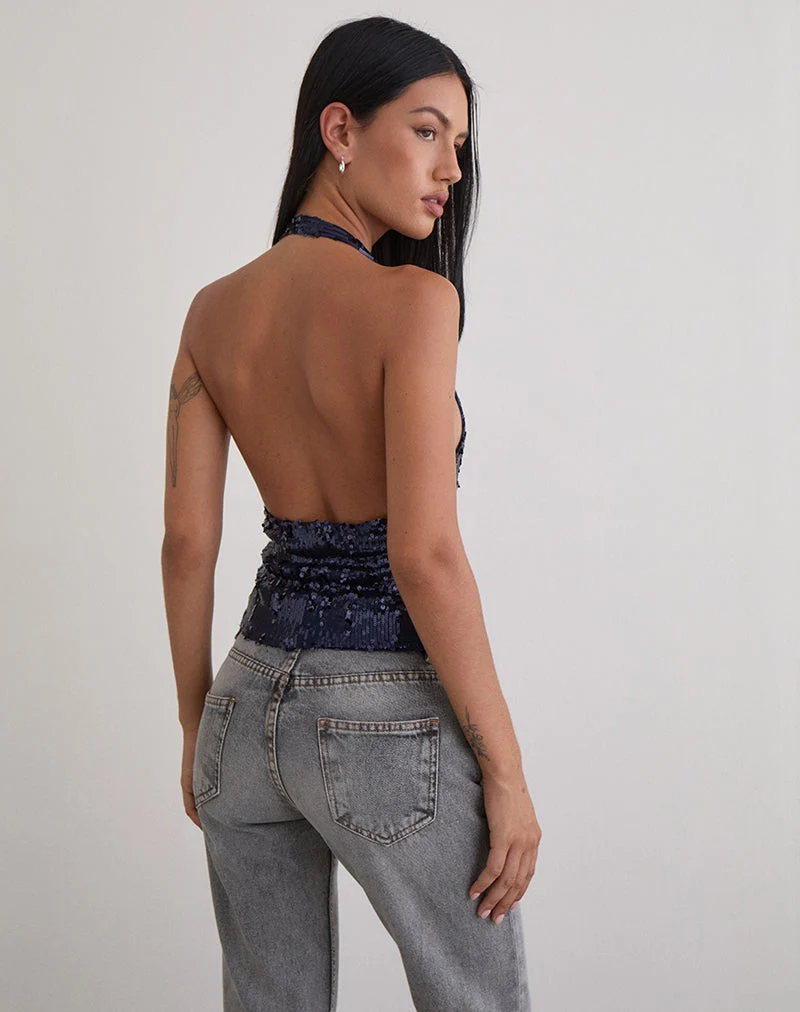 Cosio Neckholder-Top in Mix Pailletten Marine