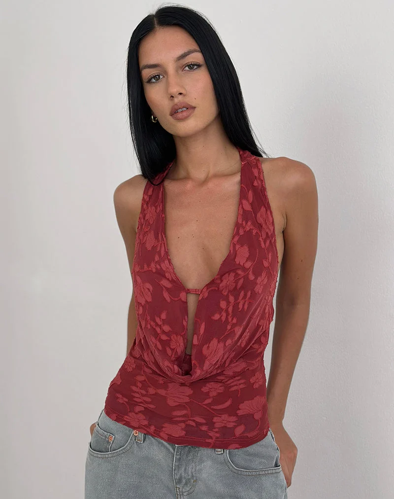 Yukari Tiefes Oberteil aus Burnout-Mesh Rot