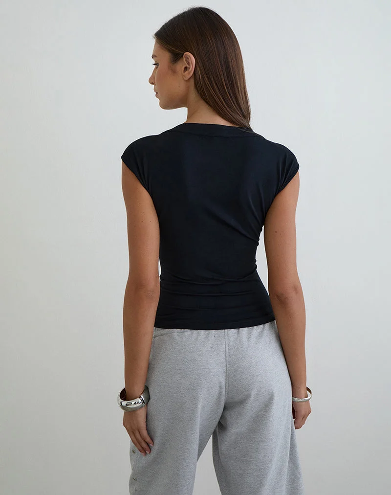 Atheia Top mit V-Ausschnitt aus Rayon-Jersey, schwarz