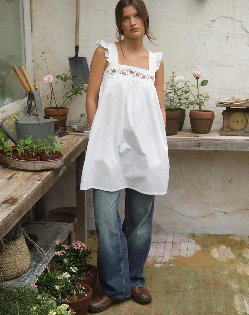Sanaly Minikleid aus weißem Popeline mit Kirschblüten-Stickerei