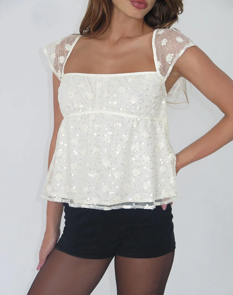 Aloysia Top aus Paillettenspitze Elfenbein