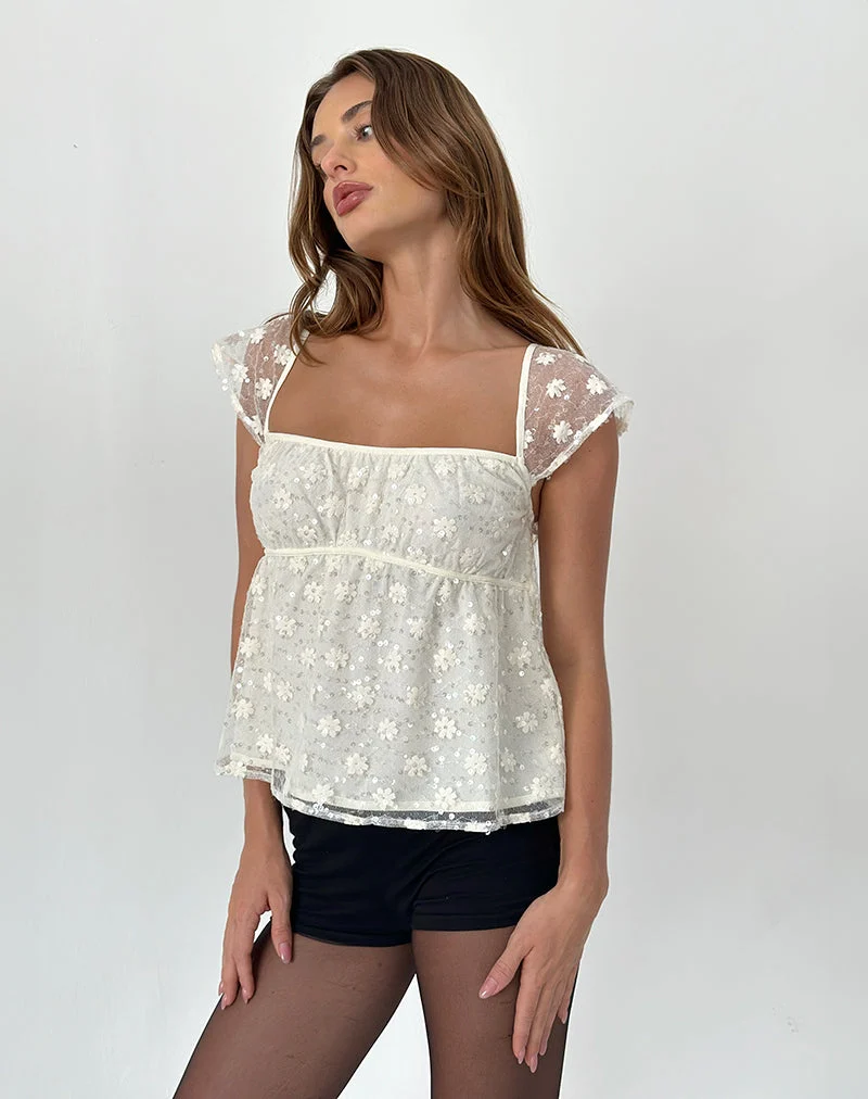 Aloysia Top aus Paillettenspitze Elfenbein