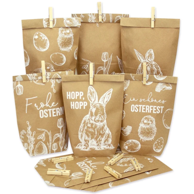 12 weiß bedruckte Geschenktüten Ostern