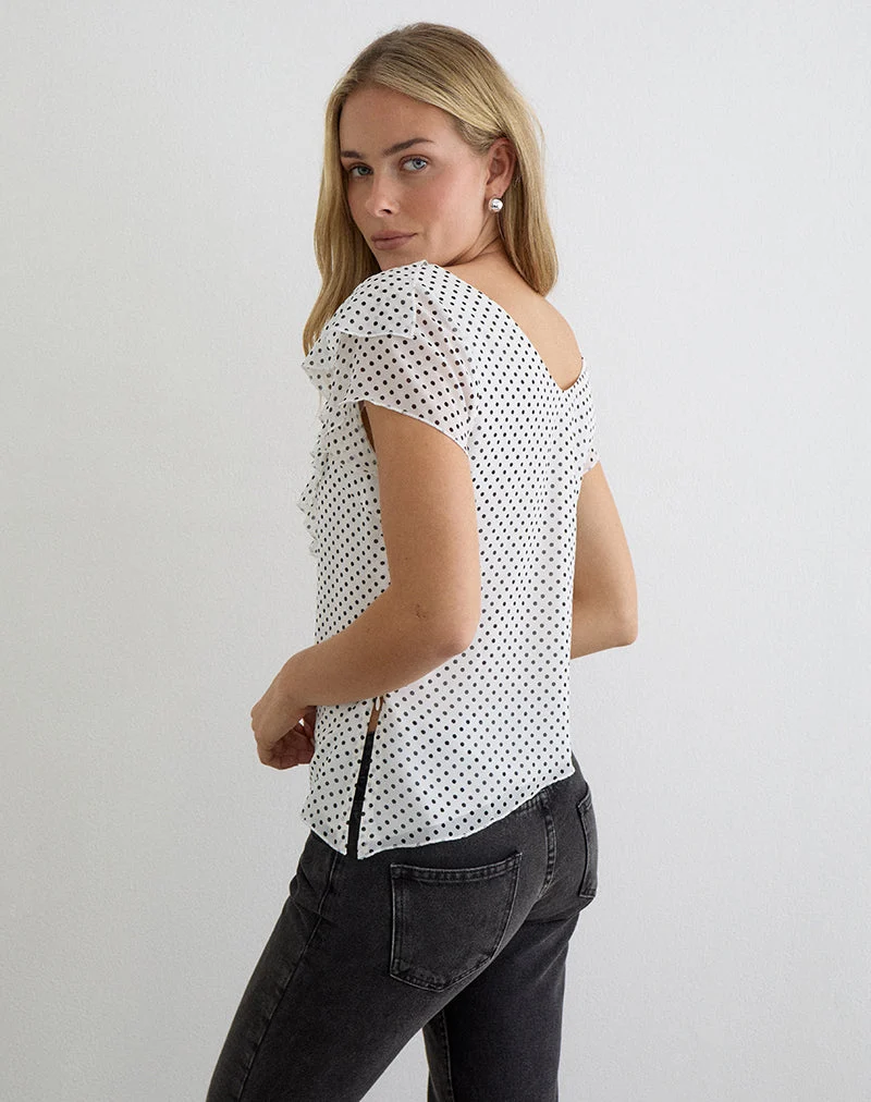 Iskar-Oberteil mit Rüschen aus weißem Chiffon mit Polka-Print
