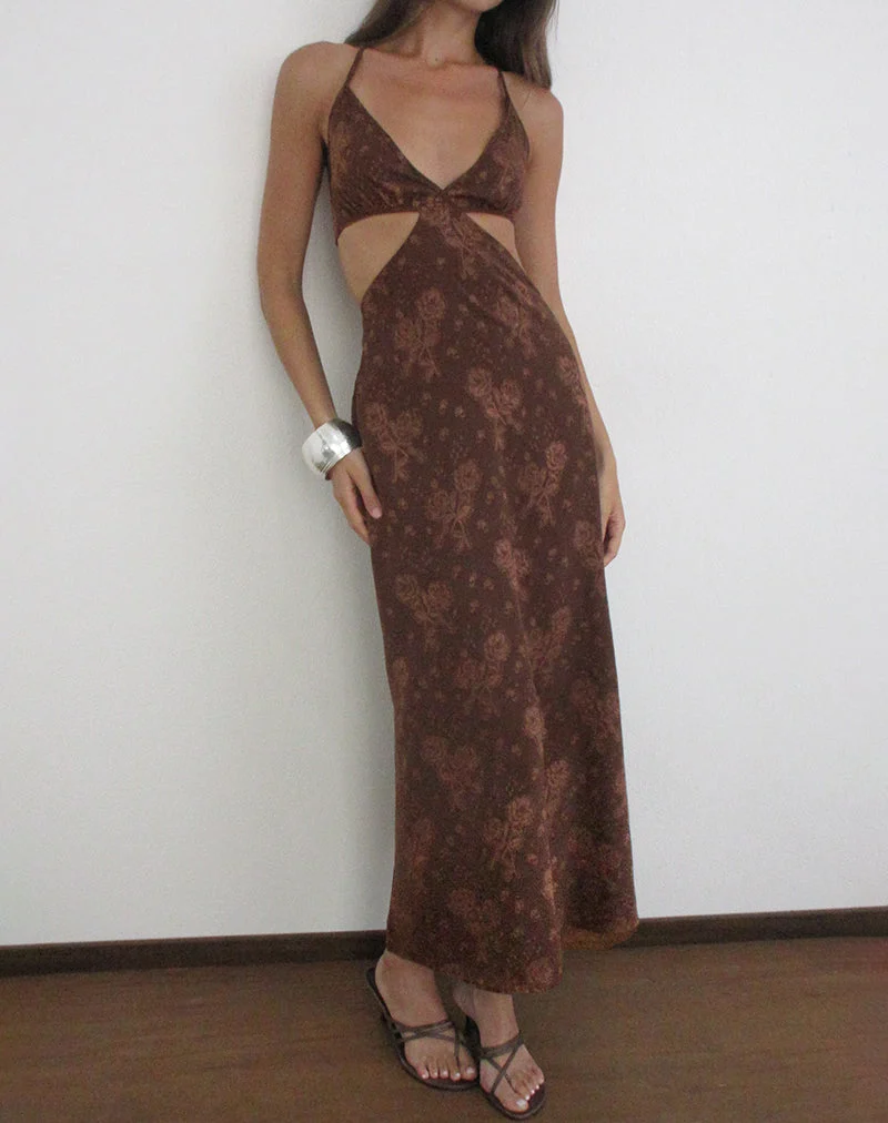 Emily-Maxikleid aus braunem Chiffon mit Blumen-Jacquardmuster