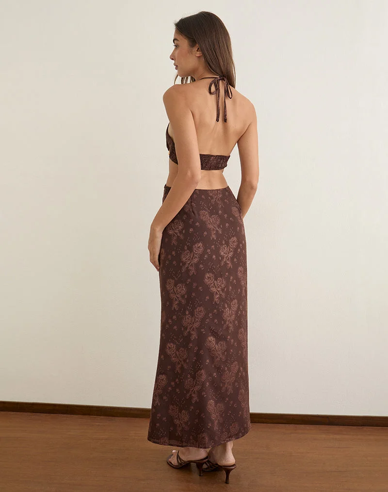 Emily-Maxikleid aus braunem Chiffon mit Blumen-Jacquardmuster