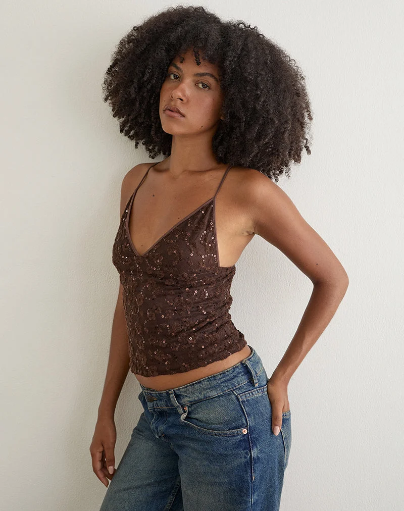 Camilla-Top aus braunem Pailletten-Strick