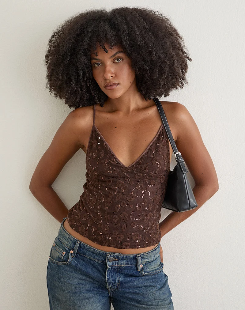 Camilla-Top aus braunem Pailletten-Strick