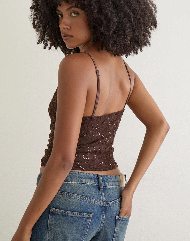 Camilla-Top aus braunem Pailletten-Strick