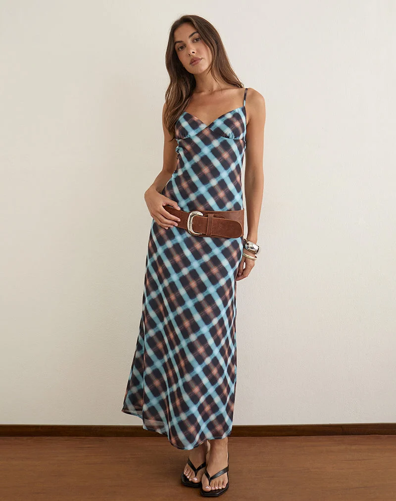 Kleid „Bianna“ aus Chiffon in Schwarz und Blau mit zartem Karomuster