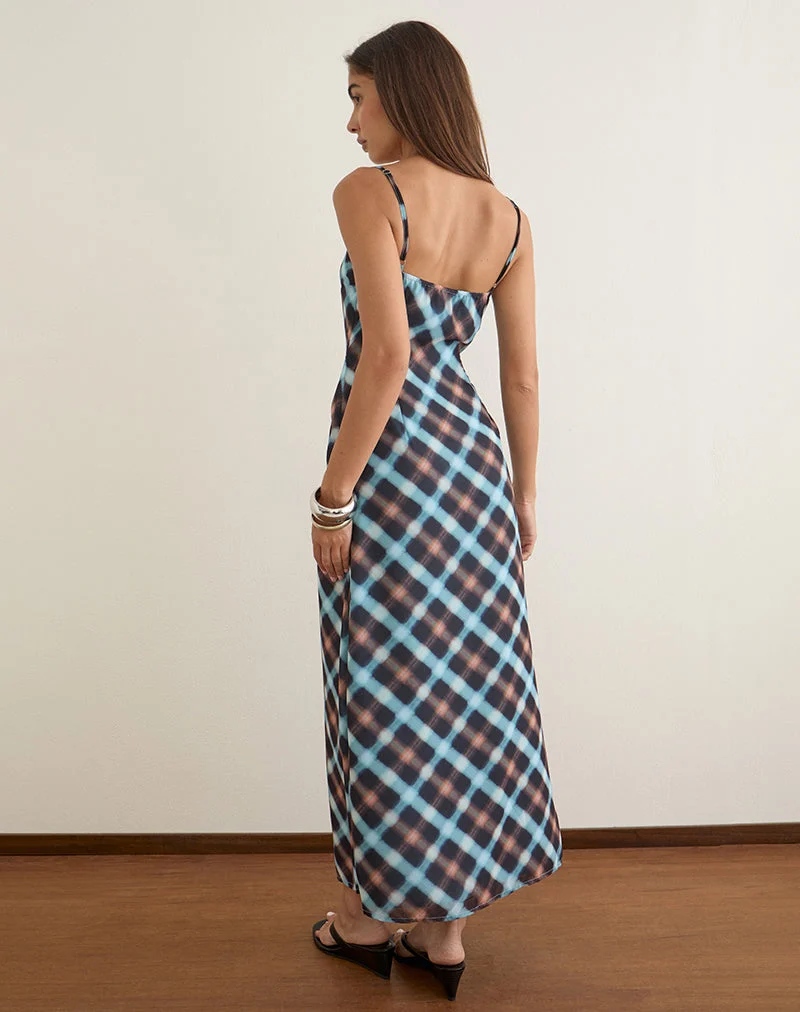 Kleid „Bianna“ aus Chiffon in Schwarz und Blau mit zartem Karomuster