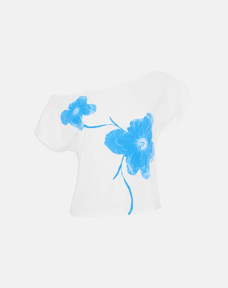Balia – Asymmetrisches Kurzarm-Top in Off-White mit blauer Blumensilhouette
