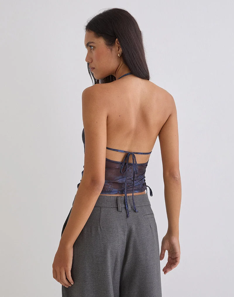 Xiomara Neckholder-Top in Mitternachtsblau mit Paisley-Muster