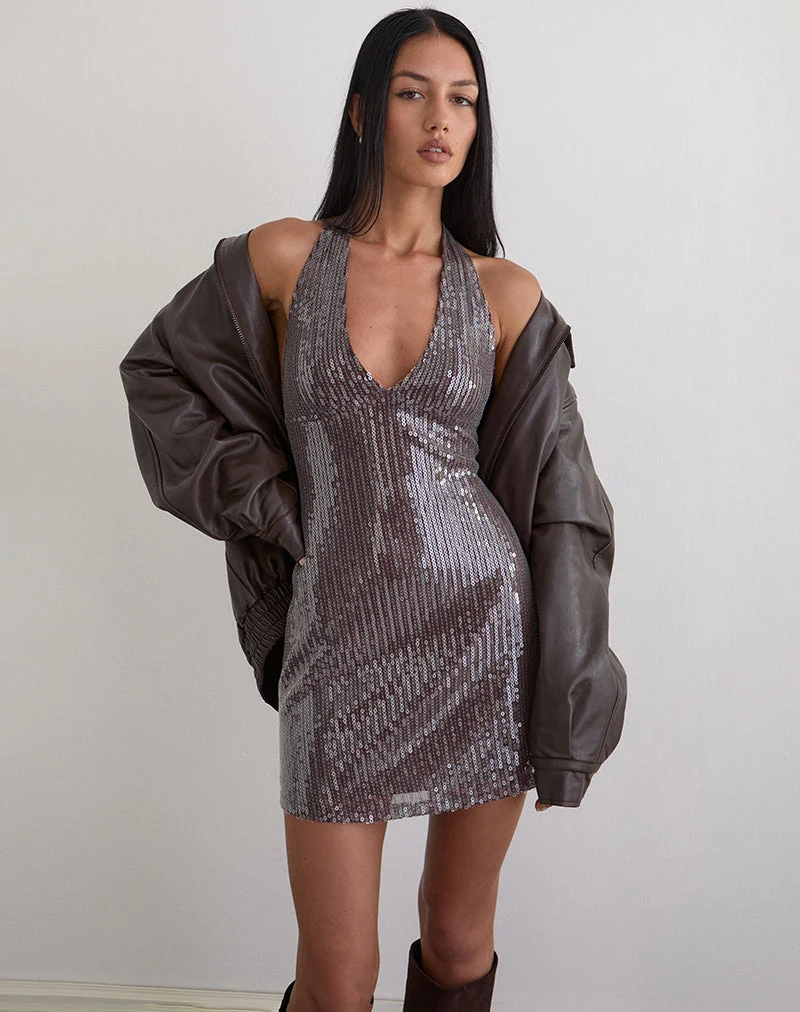 Hepasi Neckholder-Kleid aus durchsichtigem, getöntem Pailletten-Braun