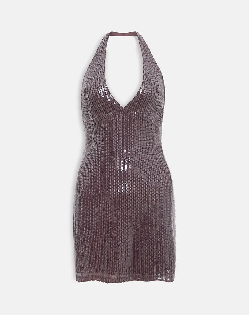 Hepasi Neckholder-Kleid aus durchsichtigem, getöntem Pailletten-Braun