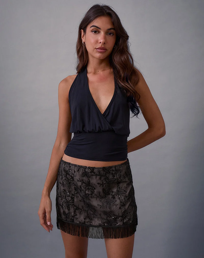 Nivia Minirock aus geblümtem Paillettenchiffon mit Quasten Schwarz