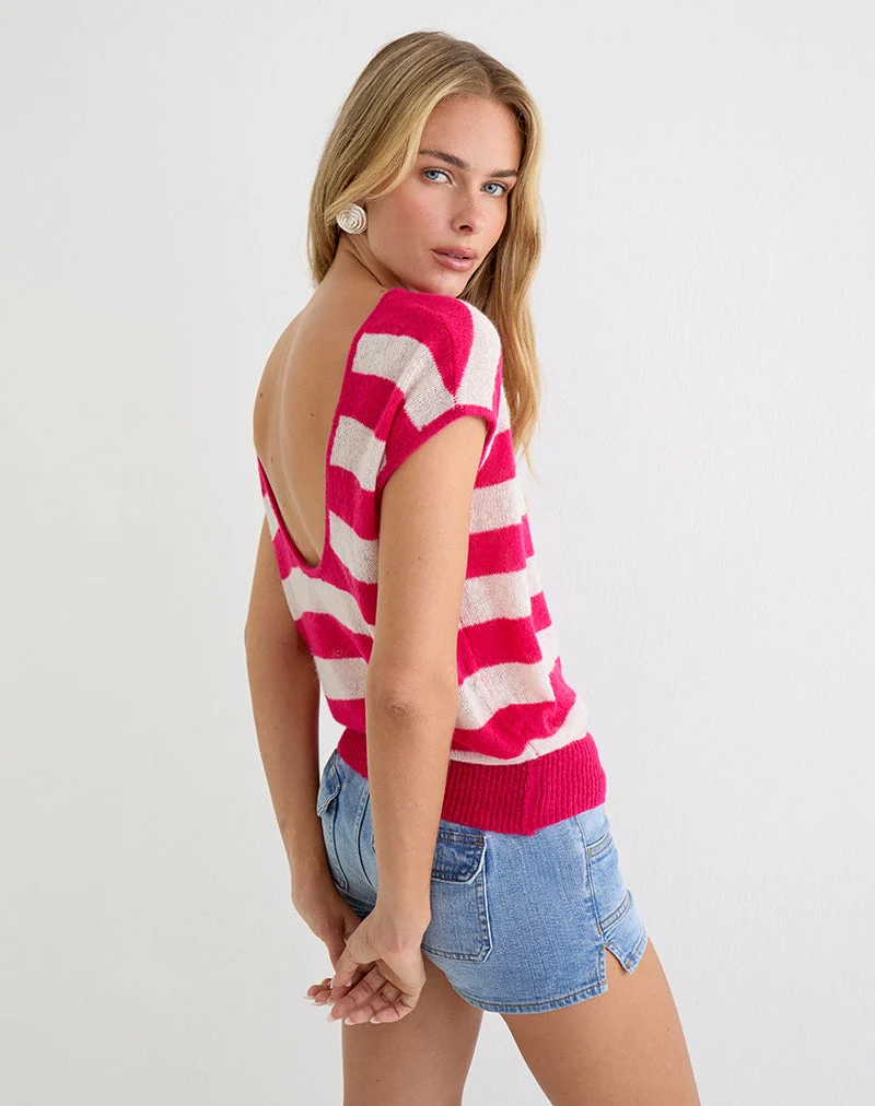 Sinda Scoopback-Top aus Strick mit breiten Streifen in Himbeerrot und Beige
