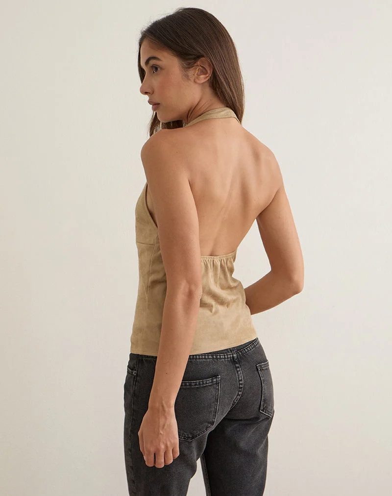 Estri-Top mit Neckholder-Ausschnitt aus hellbraunem Kunstwildleder
