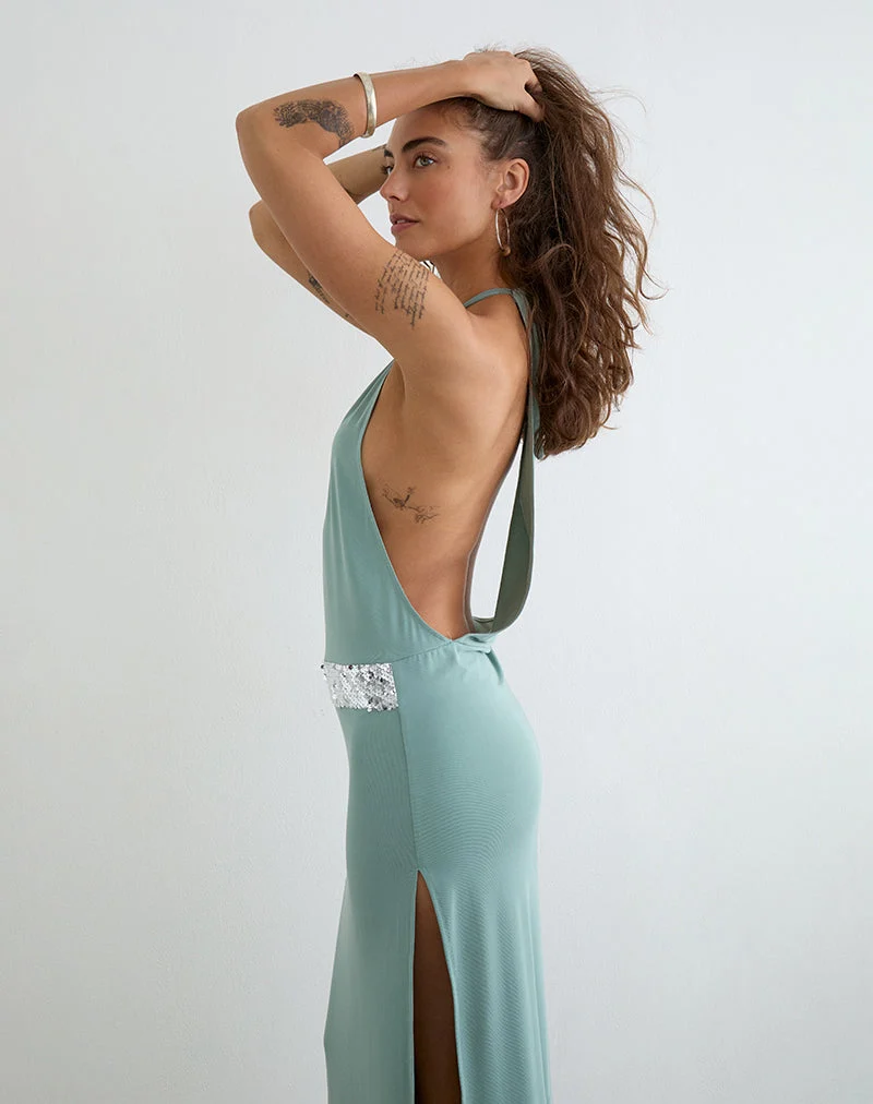 Karuna Maxikleid mit hohem Kragen in Aqua-Grau