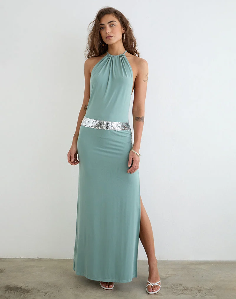 Karuna Maxikleid mit hohem Kragen in Aqua-Grau