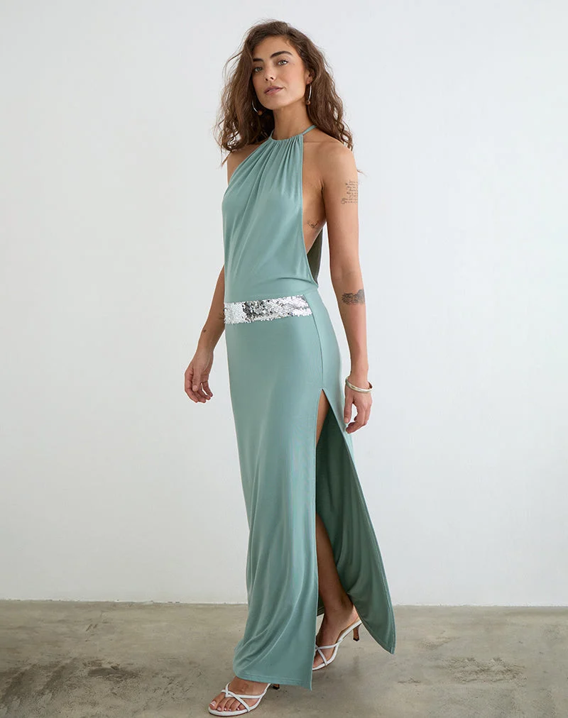 Karuna Maxikleid mit hohem Kragen in Aqua-Grau
