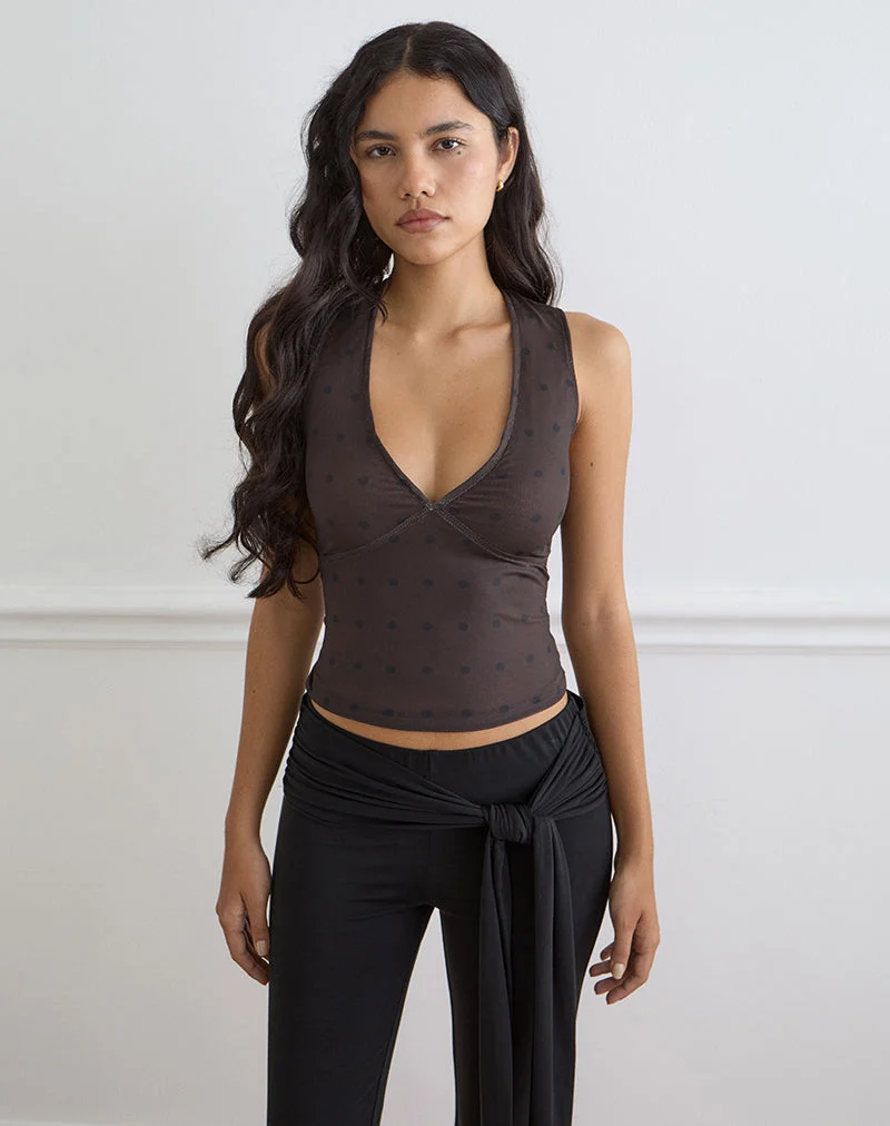 Top aus Mesh, rustikal, braun mit Polka-Punkten