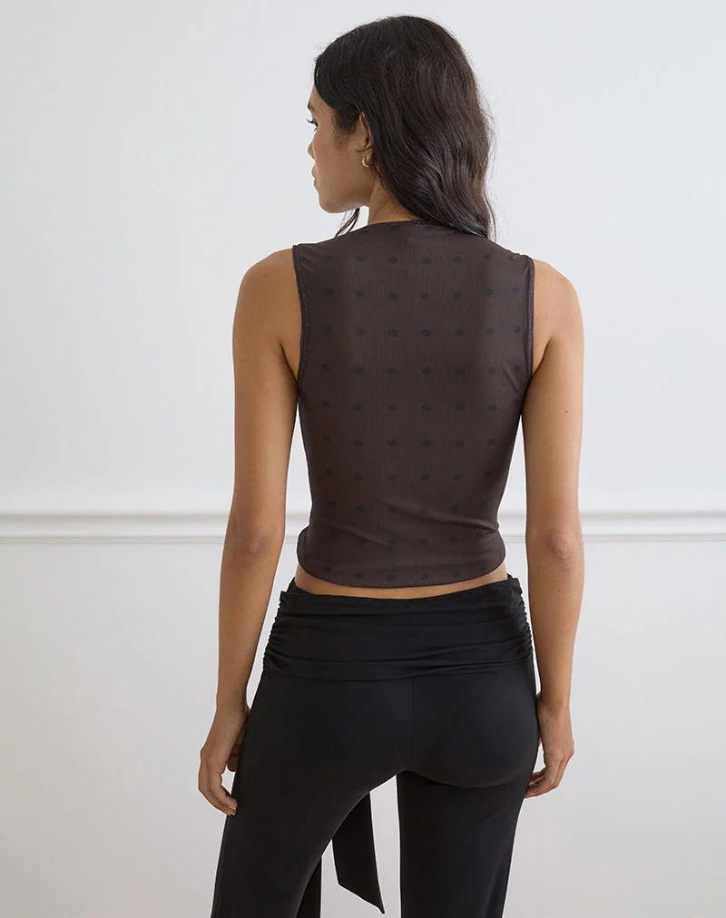 Top aus Mesh, rustikal, braun mit Polka-Punkten