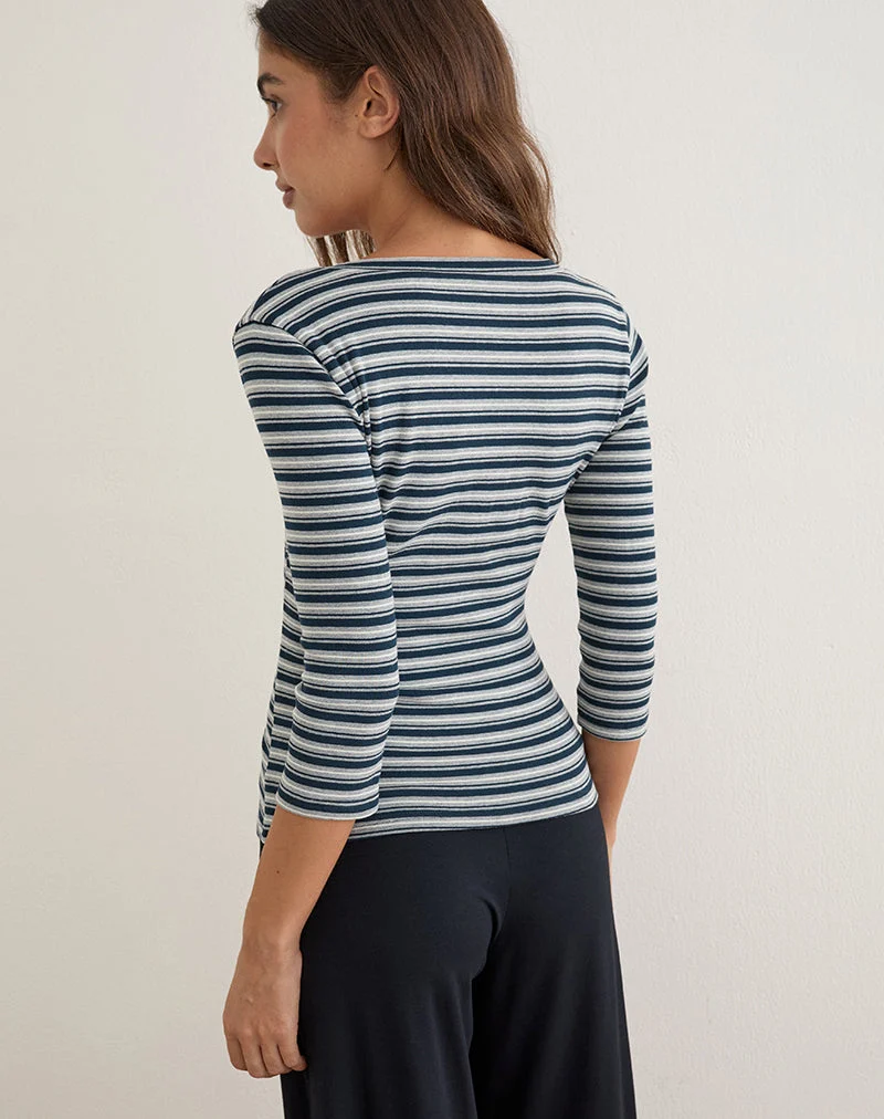 Silea-Oberteil mit Viertelärmeln aus gestreiftem Jersey in Marineblau und Grau