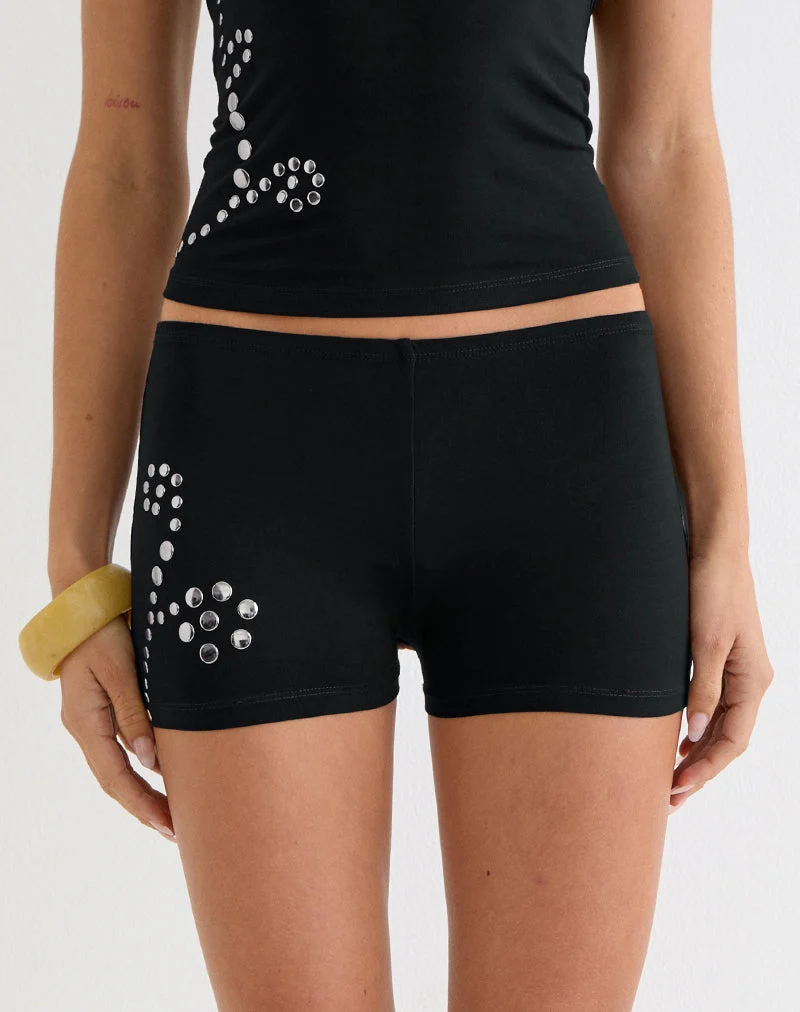 Keuni-Shorts aus schwarzem Jersey mit floralen Nieten