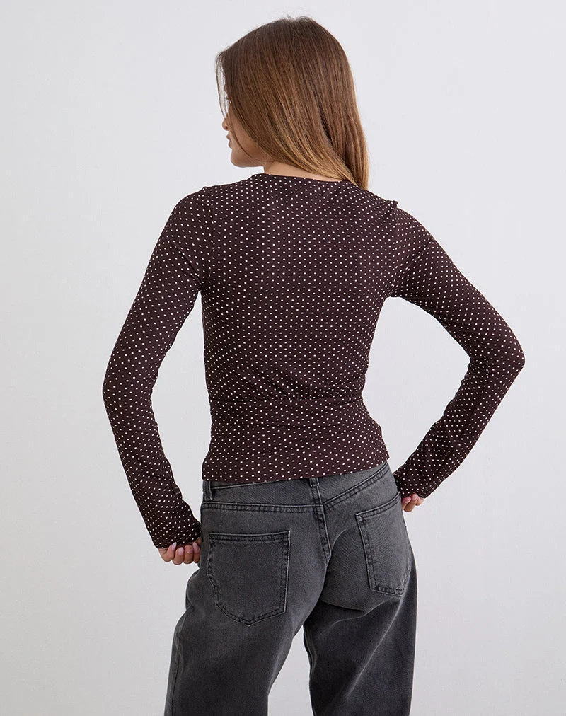 Sheon Langarm-Oberteil aus Rayon-Jersey in Braun mit Mikro-Polka-Print