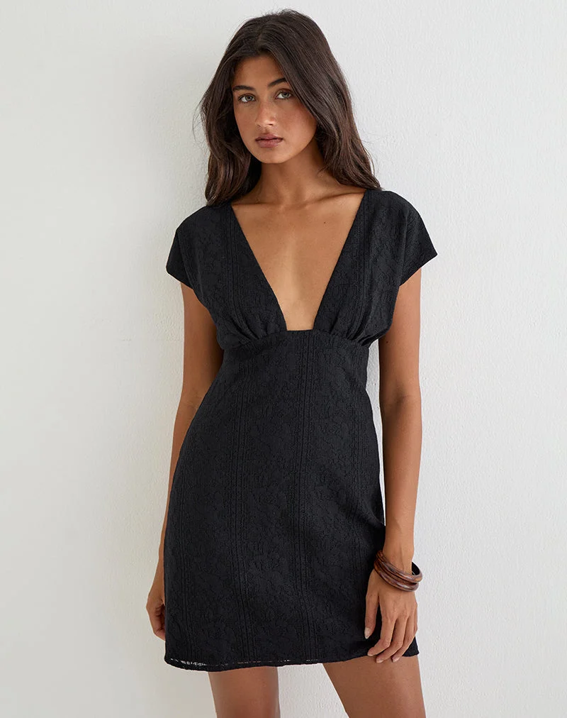 Yenna Plunge-Minikleid aus schwarzer Blumenspitze