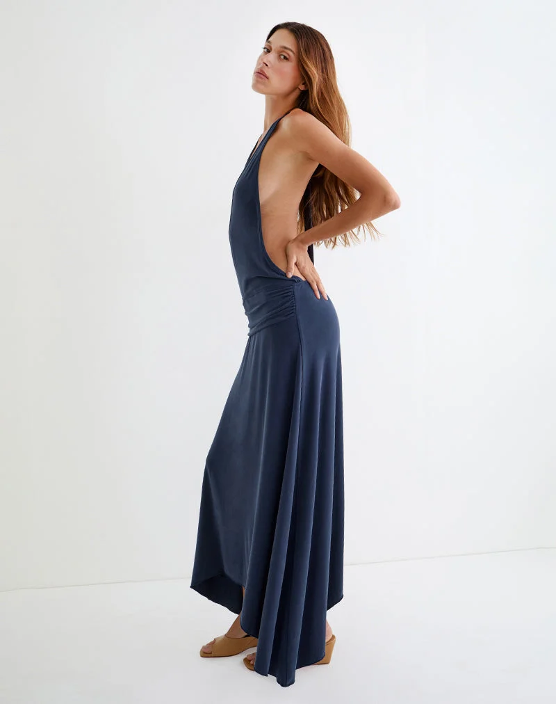 Kiku-Maxikleid aus Cupro in Marineblau