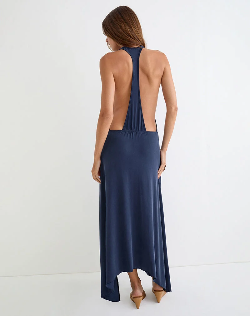 Kiku-Maxikleid aus Cupro in Marineblau