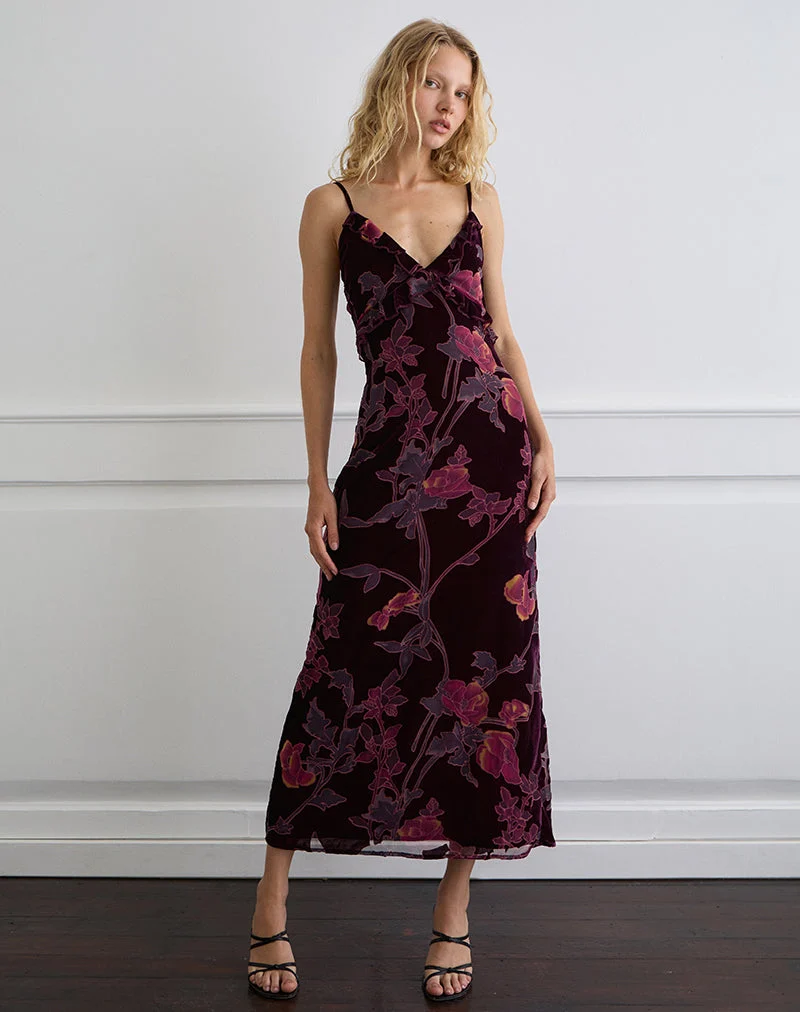 Yamira Maxikleid in Floral Devore Burgundy