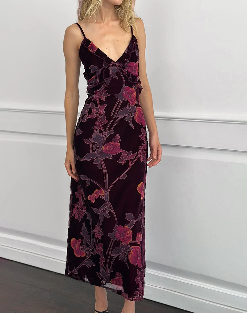 Yamira Maxikleid in Floral Devore Burgundy
