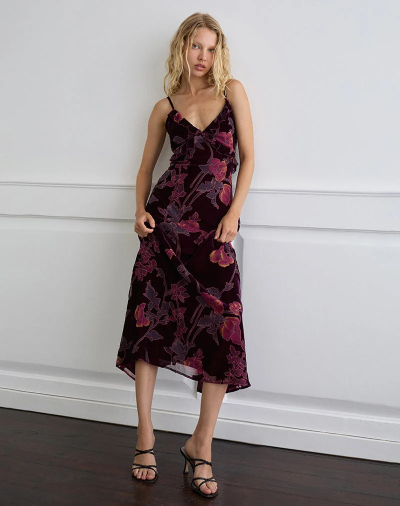 Yamira Maxikleid in Floral Devore Burgundy