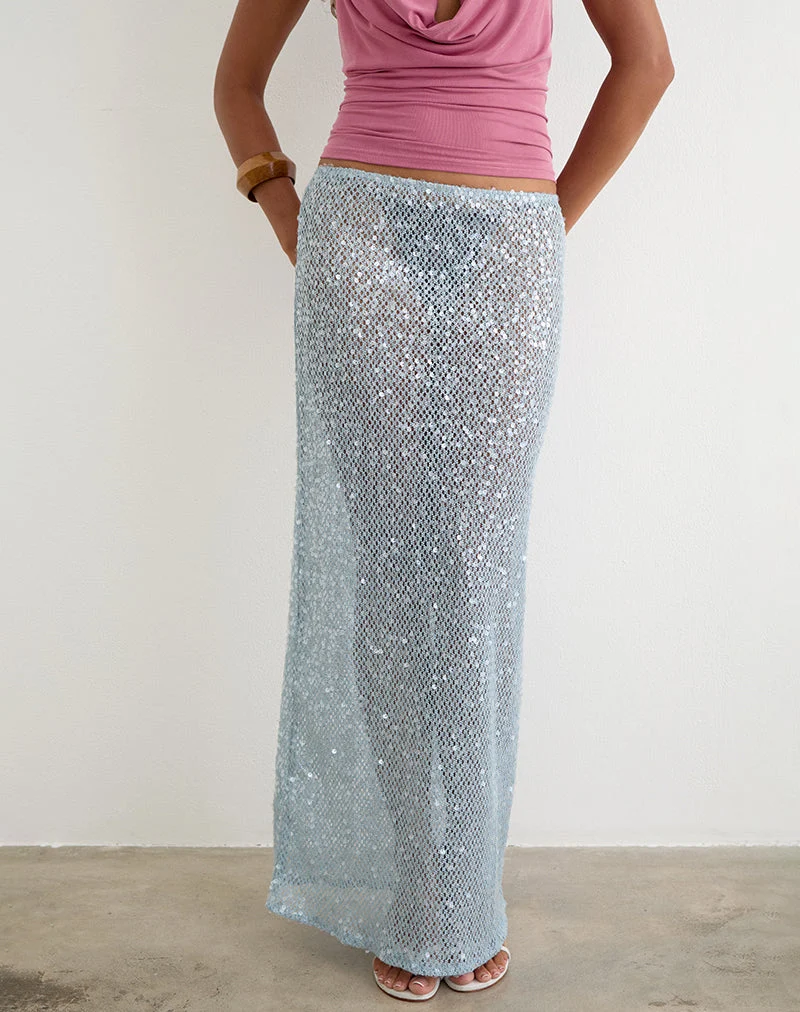 Alphia Maxi-Rock aus blauem, seafoamfarbenem Pailletten-Strick