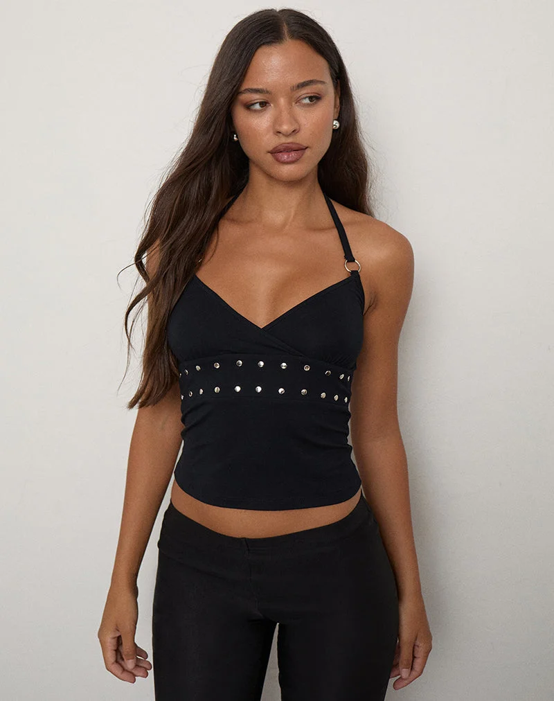 Mayoti-Top aus schwarzem Rayon-Jersey mit Nieten